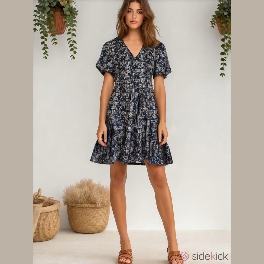 Belongsci Floral Mini Summer Dress Tea Style Navy Ruffled Hem Size Small - Picture 10 of 12